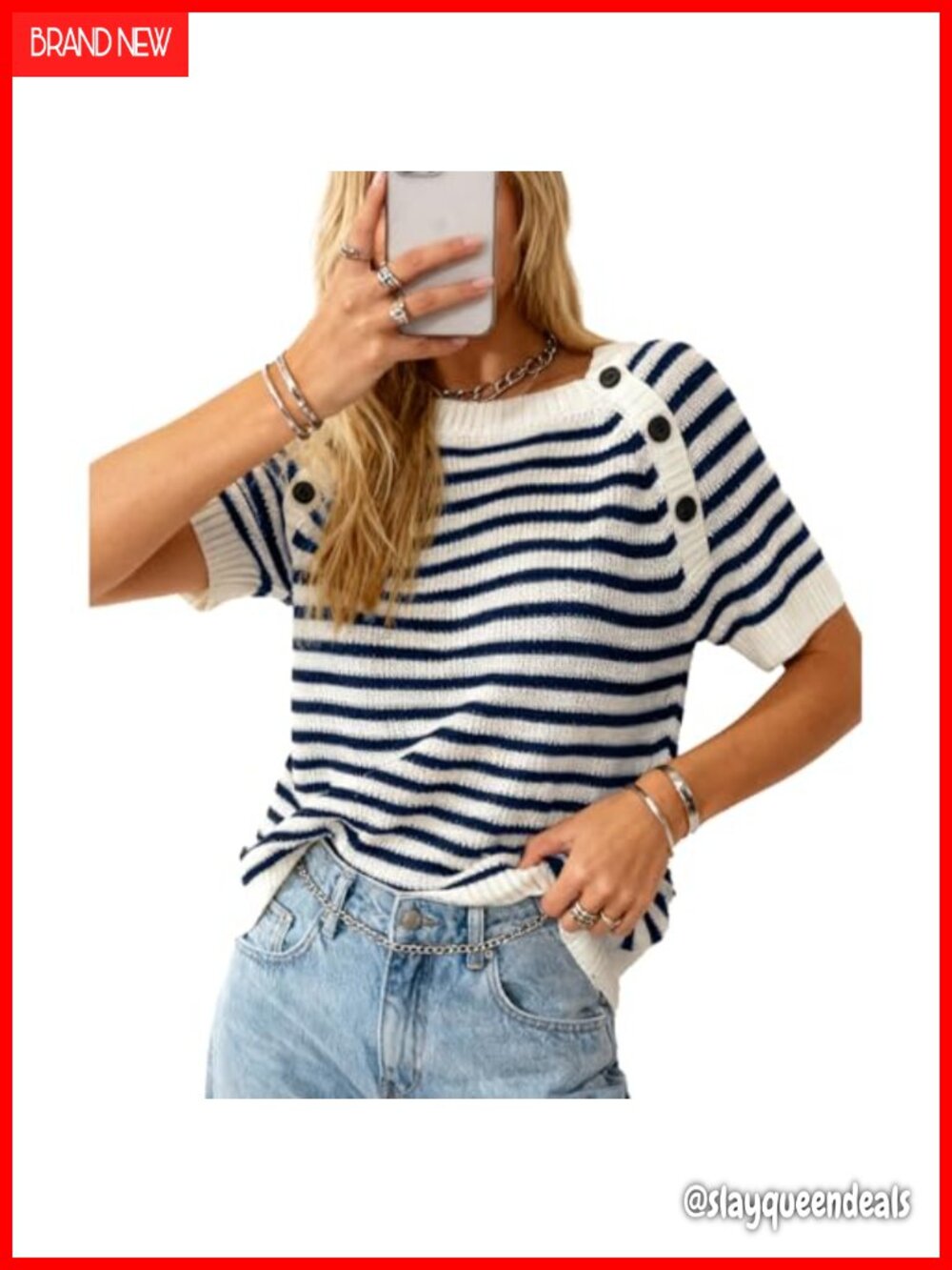 Striped Sweater Vest Short Sleeve Knit Top Button Shoulder